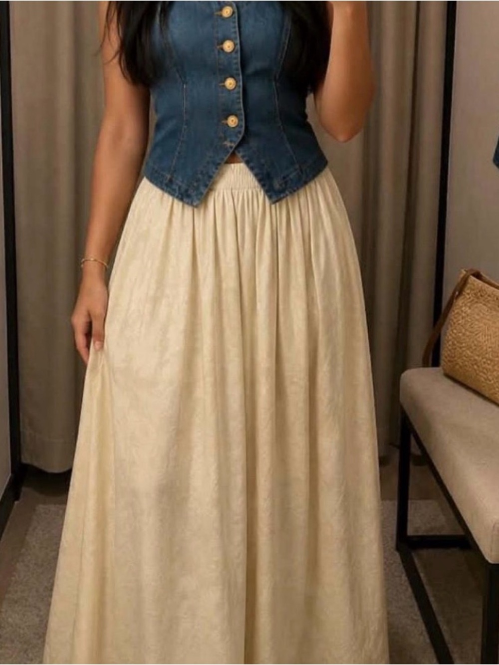Susan Bristol Cream Maxi Skirt with Gathered Waist Rayon USA lagenlook